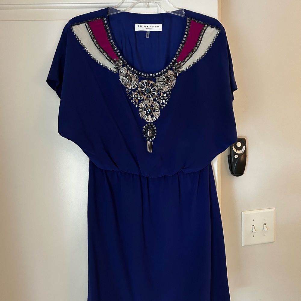 Trina Turk Blue Embellished Silk Cinch-Waist Dress
